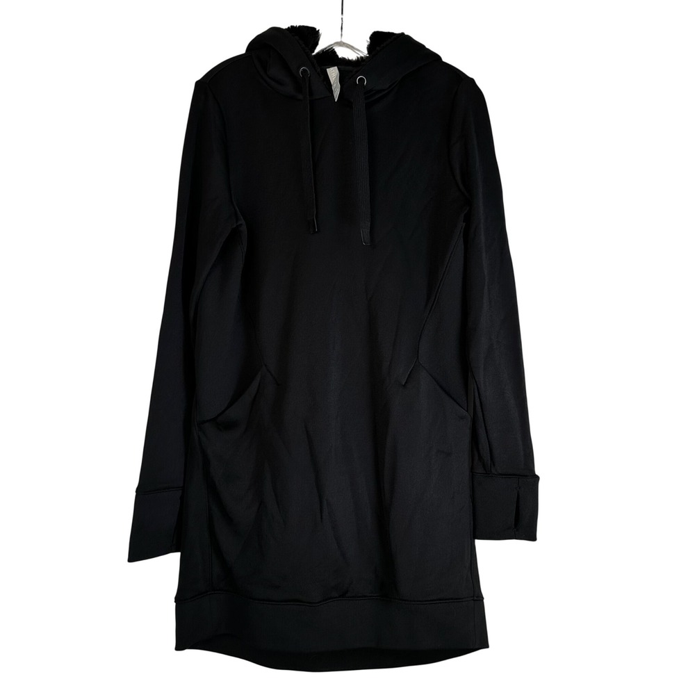 Athleta Black Faux Fur Lined Hoodie Dress Thumbholes Pockets Medium